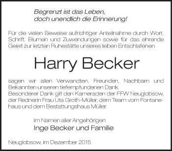 Traueranzeige von Harry Becker von Märkische Oderzeitung