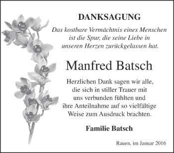 Traueranzeige von Manfred Batsch von Märkische Oderzeitung