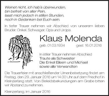 Traueranzeige von Klaus Molenda von Märkische Oderzeitung