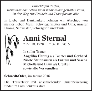 Traueranzeige von Anni Sternal von Märkische Oderzeitung