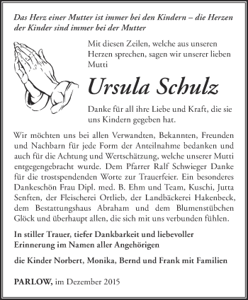 Traueranzeige von Ursula Schulz von Märkische Oderzeitung