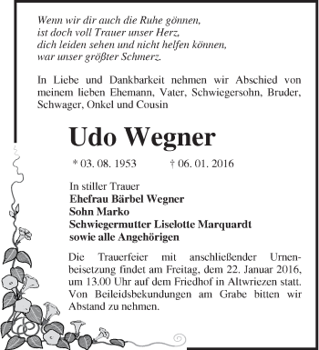 Traueranzeige von Udo Wegner von Märkische Oderzeitung