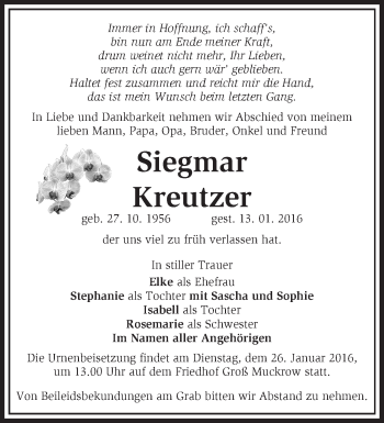 Traueranzeige von Siegmar Kreutzer von Märkische Oderzeitung