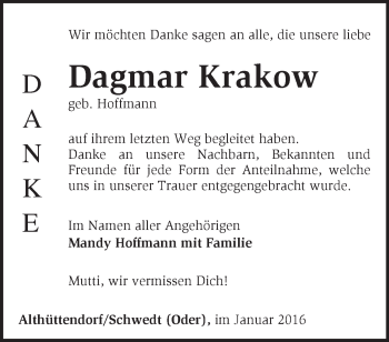 Traueranzeige von Dagmar Krakow von Märkische Oderzeitung