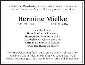 Traueranzeige von Hermine Mielke von Märkische Oderzeitung