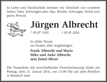 Traueranzeige von Jürgen Albrecht von Märkische Oderzeitung