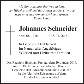 Traueranzeige von Johannes Schneider von Märkische Oderzeitung