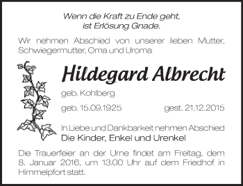 Traueranzeige von Hildegard Albrecht von Märkische Oderzeitung