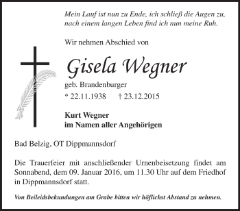 Traueranzeige von Gisela Wegner von Märkische Oderzeitung