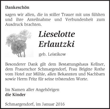 Traueranzeige von Lieselotte Erlautzki von Märkische Oderzeitung