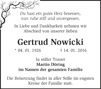 Traueranzeige von Gertrud Nowicki von Märkische Oderzeitung