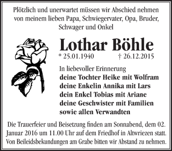 Traueranzeige von Lothar Böhle von Märkische Oderzeitung