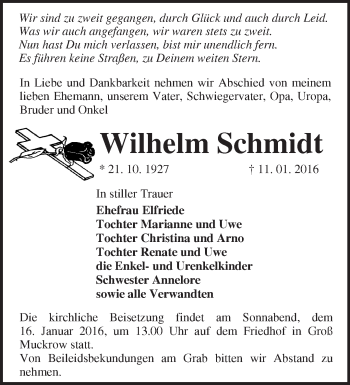 Traueranzeige von Wilhelm Schmidt von Märkische Oderzeitung