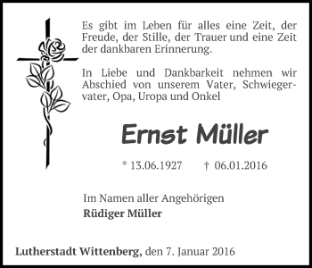 Traueranzeige von Ernst Müller von Märkische Oderzeitung