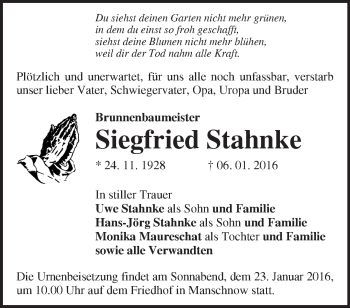 Traueranzeige von Siegfried Stahnke von Märkische Oderzeitung