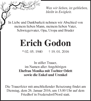 Traueranzeige von Erich Godon von Märkische Oderzeitung