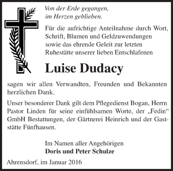 Traueranzeige von Luise Dudacy von Märkische Oderzeitung