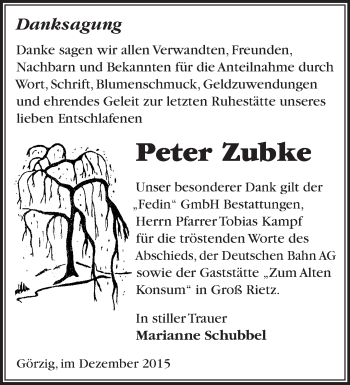 Traueranzeige von Peter Zubke von Märkische Oderzeitung