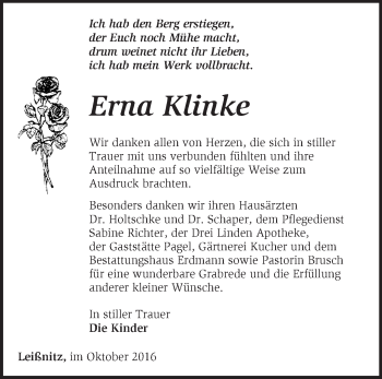 Traueranzeige von Erna Klinke von Märkische Oderzeitung