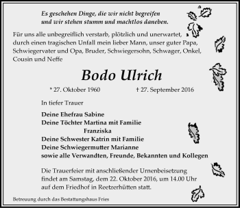 Traueranzeige von Bodo Ulrich von Märkische Oderzeitung