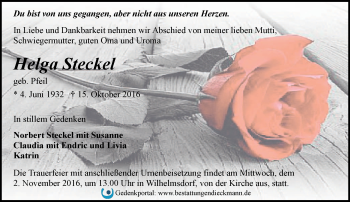 Traueranzeige von Helga Steckel von Märkische Oderzeitung