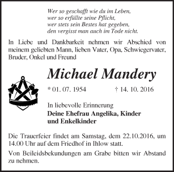 Traueranzeige von Michael Mandery von Märkische Oderzeitung