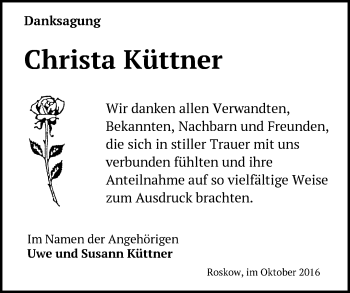 Traueranzeige von Christa Küttner von Märkische Oderzeitung