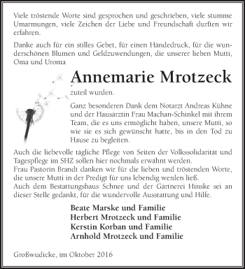 Traueranzeige von Annemarie Mrotzeck von Märkische Oderzeitung