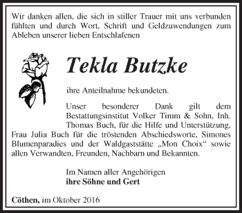 Traueranzeige von Tekla Butzke von Märkische Oderzeitung