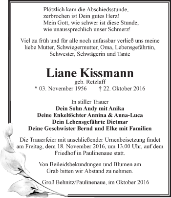 Traueranzeige von Liane Kissmann von Märkische Oderzeitung