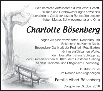 Traueranzeige von Charlotte Bösenberg von Märkische Oderzeitung