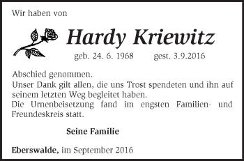 Traueranzeige von Hardy Kriewitz von Märkische Oderzeitung