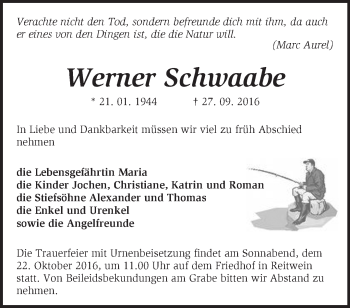 Traueranzeige von Werner Schwaabe von Märkische Oderzeitung