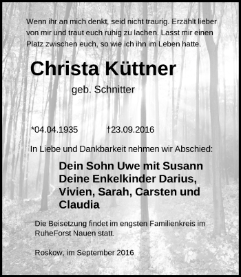 Traueranzeige von Christa Küttner von Märkische Oderzeitung