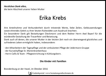 Traueranzeige von Erika Krebs von Märkische Oderzeitung