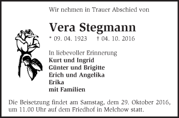 Traueranzeige von Vera Stegmann von Märkische Oderzeitung