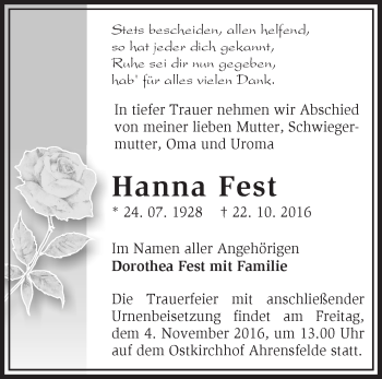 Traueranzeige von Hanna Fest von Märkische Oderzeitung