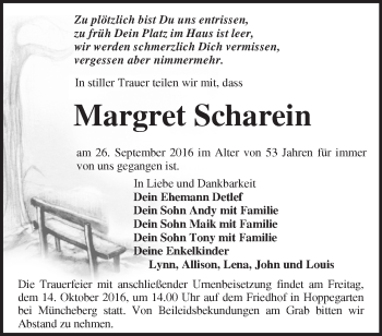 Traueranzeige von Margret Scharein von Märkische Oderzeitung