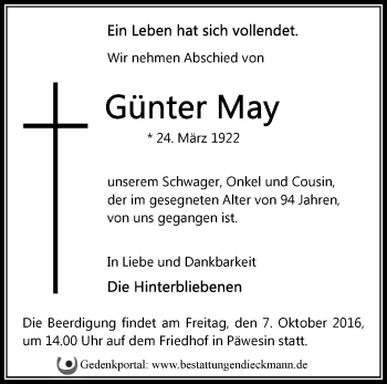 Traueranzeige von Günter May von Märkische Oderzeitung