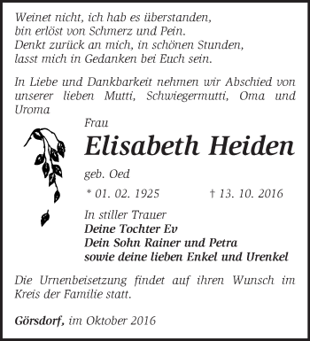 Traueranzeige von Elisabeth Heiden von Märkische Oderzeitung