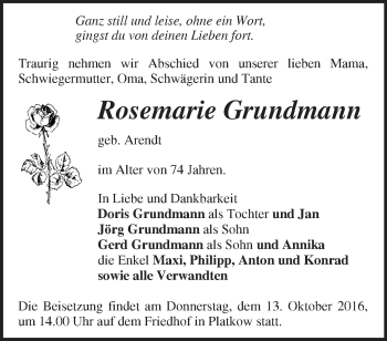 Traueranzeige von Rosemarie Grundmann von Märkische Oderzeitung