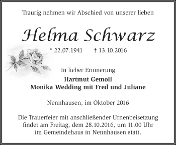 Traueranzeige von Helma Schwarz von Märkische Oderzeitung