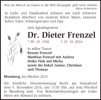 Traueranzeige von Dieter Frenzel von Märkische Oderzeitung