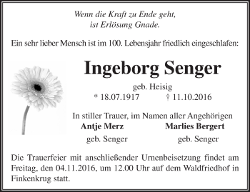 Traueranzeige von Ingeborg Senger von Märkische Oderzeitung