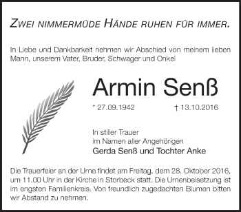 Traueranzeige von Armin Senß von Märkische Oderzeitung