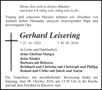 Traueranzeige von Gerhard Leichsenring von Märkische Oderzeitung