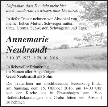 Traueranzeige von Annemarie Neubrandt von Märkische Oderzeitung