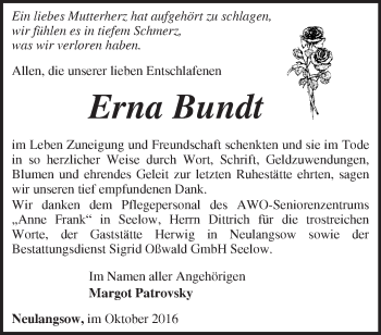 Traueranzeige von Erna Bundt von Märkische Oderzeitung