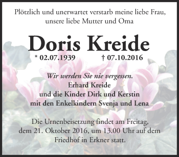 Traueranzeige von Doris Kreide von Märkische Oderzeitung