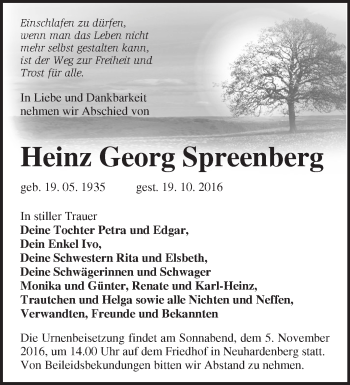 Traueranzeige von Heinz Georg Spreenberg von Märkische Oderzeitung